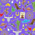 Seamless illustration on the theme of the wild West, patch icons on purple background