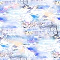 Seamless pattern on the theme of winter, in gentle colors, with trees, rivers, sunsets.