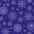 Seamless illustration on the theme of winter and winter holidays, the contour of the snowflake and sters, white snowflakes on a bl Royalty Free Stock Photo