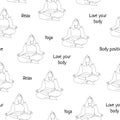 Seamless Pattern on the theme of Yoga in the style of Line art. Pattern with a girl in the Lotus position. Royalty Free Stock Photo