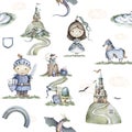 Seamless pattern thhe knight brave cute princess on dragon. Hand drawn watercolor isolated nursery kid cartoon illustration on