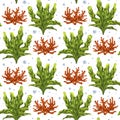 Seamless pattern with thickets of bright green seaweed, red coral and water bubbles. Background for textiles, fabrics, banners, Royalty Free Stock Photo