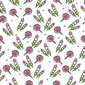 Seamless pattern with thin black outline candy and stick isolated on white bacground.