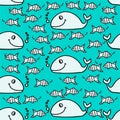 Seamless pattern with thin black outline fishes isolated on blue background, hand drawn vector. modern scribble for kids, fabric, Royalty Free Stock Photo