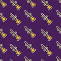 Seamless pattern with thin black outline witcher broom isolated on violet background. hand drawn vector. modern scribble for wallp