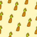 Seamless pattern with thin brown outline of yellow pineapple with leaf. hand drawn vector. doodle fruit and vegetable for kids, wa