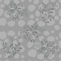 Seamless pattern of thin graceful twigs with berries, contour drawing of gray color and inconspicuous background, ornate floral