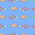 Seamless pattern with thin outline turtle vector illustration isolated on blue background. Royalty Free Stock Photo