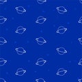 Seamless pattern with thin white outline planet icon and stars isolated on blue background