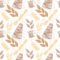 Seamless pattern of thread and embroidery, hand-drawn doodle elements in sketch style. Sewing thread. Embroidered leaves