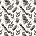 Seamless pattern of thread and embroidery, hand-drawn doodle elements in sketch style. Sewing thread. Embroidered leaves