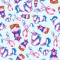 Seamless pattern three cute unicorns on a blue background.