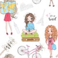 Seamless pattern with three hand drawn beautiful cute travel girls. Royalty Free Stock Photo