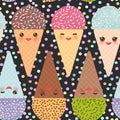 Seamless pattern with three Kawaii mint raspberry chocolate Ice cream Royalty Free Stock Photo