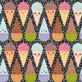 Seamless pattern with three Kawaii mint raspberry chocolate Ice cream waffle cone funny muzzle with pink cheeks and winking eyes,