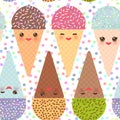 Seamless pattern with three Kawaii mint raspberry chocolate Ice cream waffle cone funny muzzle with pink cheeks and winking eyes, Royalty Free Stock Photo