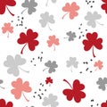 Seamless pattern with three leaf clovers. Red, silver, grey, white color. Nordic design. Good luck symbol