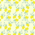 Seamless pattern of three pairs of lemons with leaves with light yellow  background. Vector with swatch Royalty Free Stock Photo