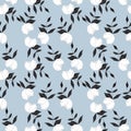 Seamless pattern of three pairs of in white lemons with black leaves with blue grey  background. Vector with swatch Royalty Free Stock Photo