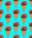 Seamless pattern with three scoops ice cream inside the waffle cone Royalty Free Stock Photo