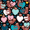 Seamless pattern Three-toed sloth holding pink, yellow, white, orange, blue heart, on black background. Valentine`s Day Card