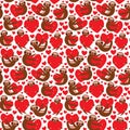 Seamless pattern Three-toed sloth holding red heart, isolated on white background. Valentine`s Day Card banner template. Funny