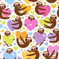 Seamless pattern Three-toed sloth holding red pink, yellow, lilac, orange, blue heart, isolated on white background. Valentine`s