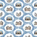 Watercolor seamless pattern with three winter houses