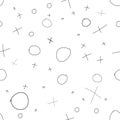 Seamless pattern with tic tac toe motive. Vector imitation of primitive hand drawing. Black symbols chaotically posed on white.