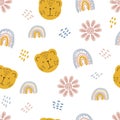 Seamless pattern of tiger muzzles, rainbows and flowers in pastel color