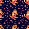 Seamless pattern with Tiger plays the guitar and sings. The symbol of the new year 2022.