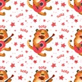 Seamless pattern with Tiger plays the guitar and sings. The symbol of the new year 2022