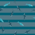 Seamless pattern Tiger shark on striped gray teal background. Texture of marine fish for any purpose