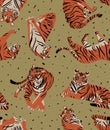 Seamless pattern with tigers in various poses on vintage background. Vintage style illustration