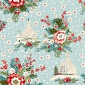 Seamless pattern, tileable Christmas holiday country house, floral dots print, English countryside for wallpaper, wrapping paper,