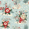 Seamless pattern, tileable Christmas holiday country house, floral dots print, English countryside for wallpaper, wrapping paper,