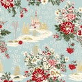 Seamless pattern, tileable Christmas holiday country house, floral dots print, English countryside for wallpaper, wrapping paper,