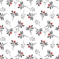 Seamless pattern with tiny flower branches with leaves in watercolor style on white background