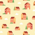 Seamless pattern of tiny geometric houses, clouds and trees in warm colors