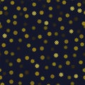 Seamless pattern with tiny golden snowflakes on black background. Christmas decoration and design element.