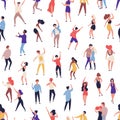 Seamless pattern with tiny people dancing on dance floor at night club on white background. Backdrop with happy of men