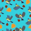 Seamless pattern with titmouse and autumn leaves Royalty Free Stock Photo