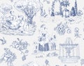 Seamless pattern Toile de Jouy. Provence wallpaper. Vintage romantic background. Landscape pastoral scenes, Royalty Free Stock Photo