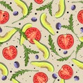 Seamless pattern with tomato, avocado, olives and arugula. Vegan background Royalty Free Stock Photo