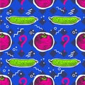 Seamless pattern with tomato and cucumber with geometric forms in the style of pop art close-up. Graphic illustration with a