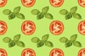 Seamless pattern of tomato slices and basil leaves on a green background. A simple drawing for the surface of packaging, textiles
