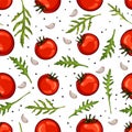 Seamless pattern tomatoes arugula garlic and black pepper