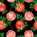 Seamless pattern. Tomatoes and parsley. Watercolor illustration. Isolated on a black background.