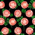 Seamless pattern. Tomatoes and parsley. Watercolor illustration. Isolated on a black background.