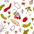 Seamless pattern with tomatoes, peppers, onions, cucumbers, basil, dill, thyme. Background with vegetables and spicy herbs. Royalty Free Stock Photo